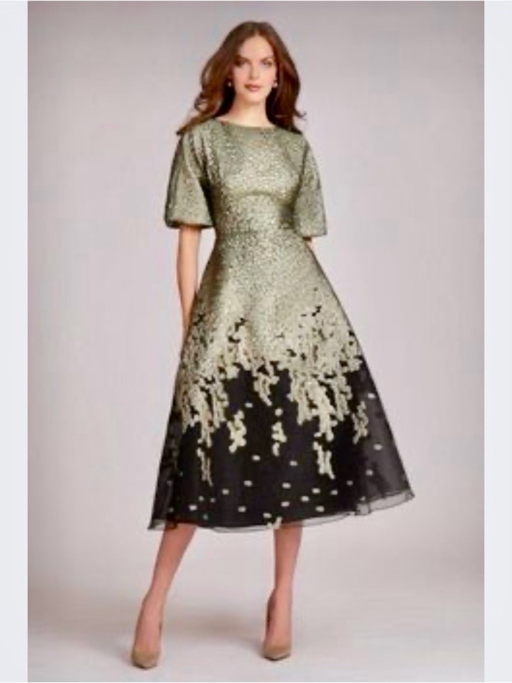 Rickie Freeman Teri Jon Gold Sage Metallic Dress Size 12 Jacquard Organza NWT